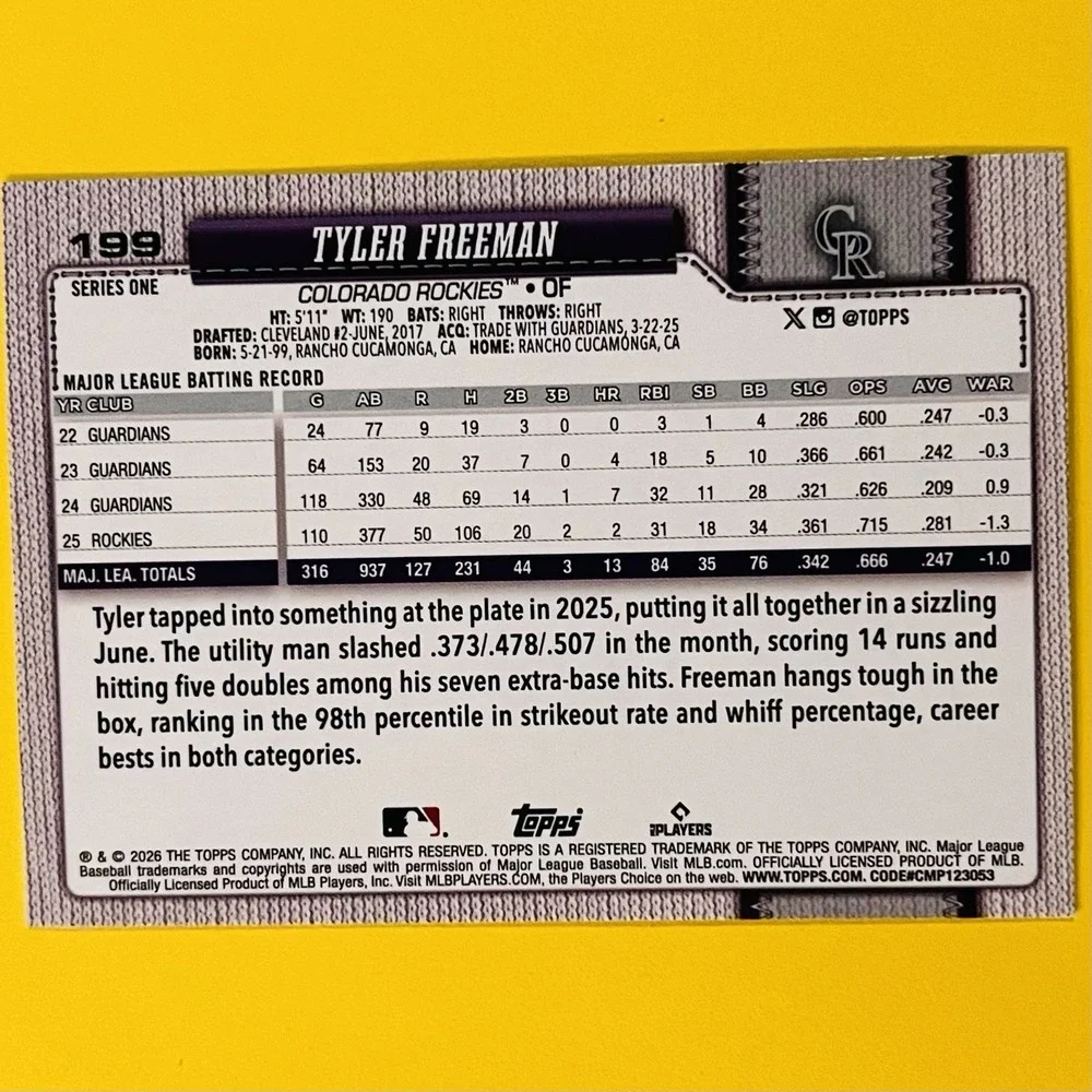 2026 Topps Series 1 Tyler Freeman #199 Silver Crackle Foil Colorado Rockies‎